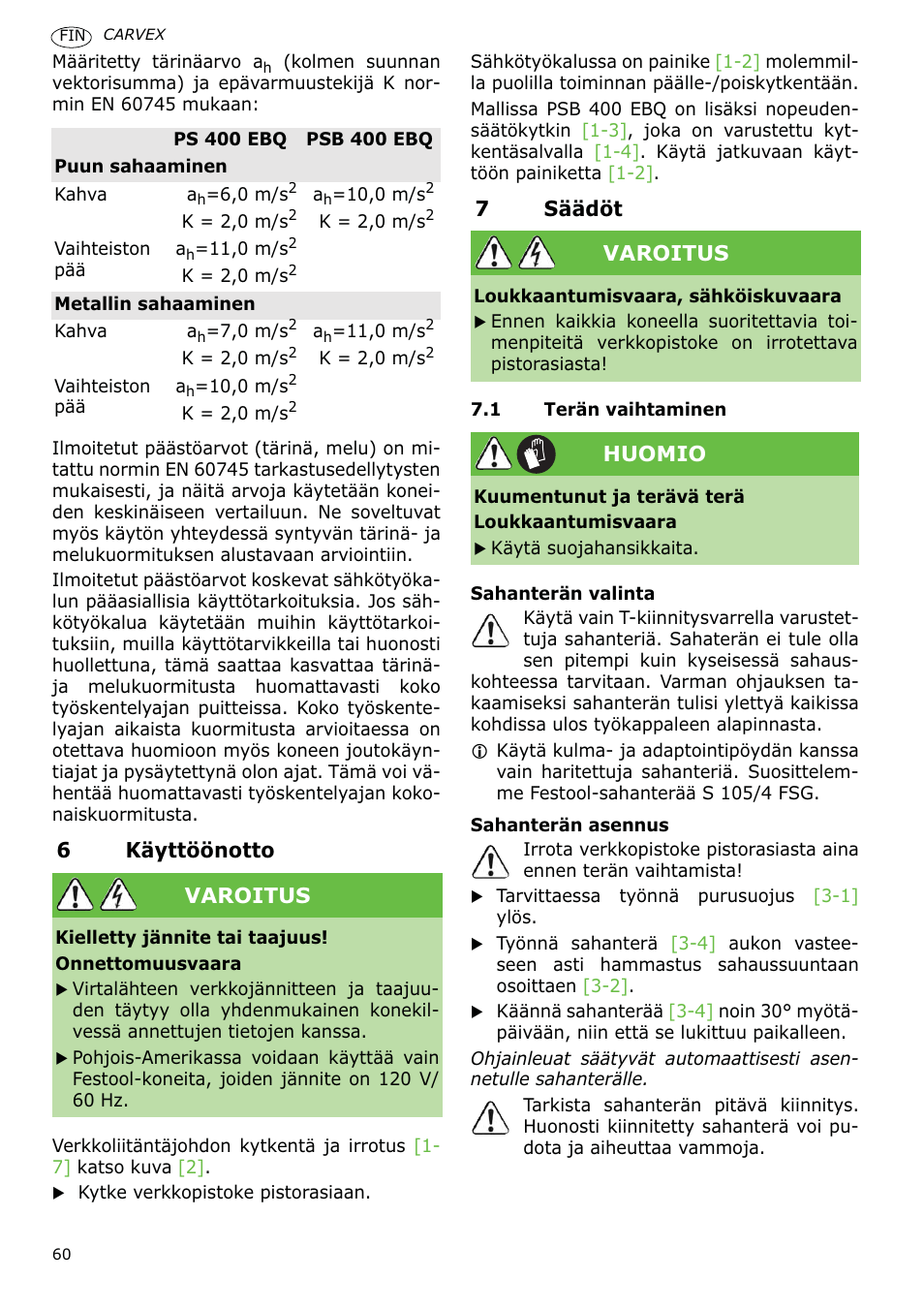 6käyttöönotto, 7säädöt, Varoitus | Huomio | Festool PSB 400 EBQ CARVEX User Manual | Page 60 / 110