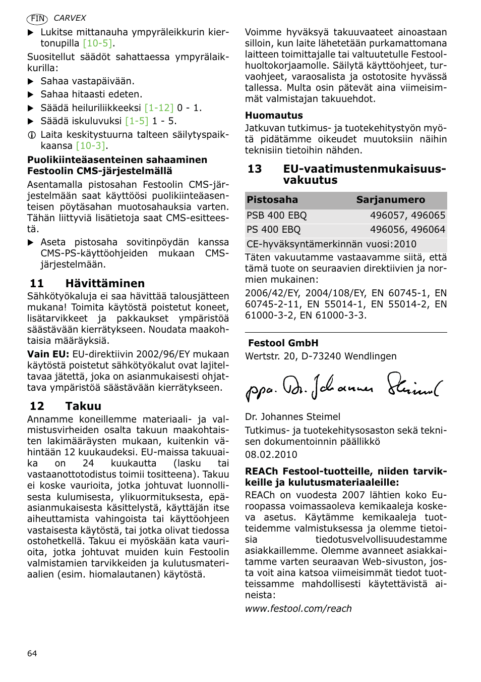 Festool PSB 400 EBQ CARVEX User Manual | Page 64 / 110