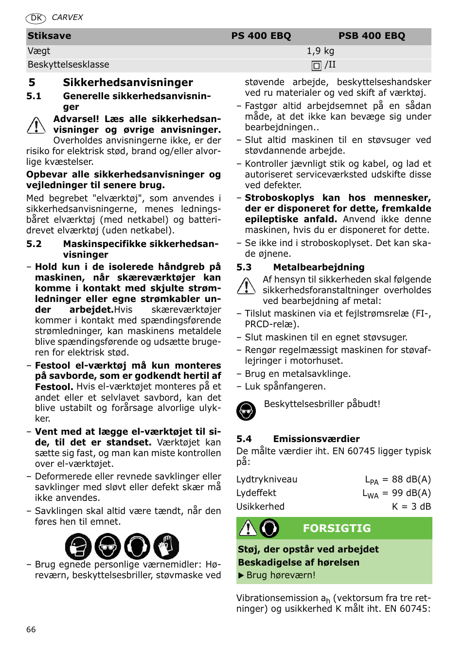 Festool PSB 400 EBQ CARVEX User Manual | Page 66 / 110