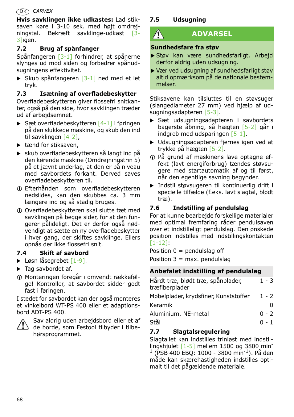 Advarsel | Festool PSB 400 EBQ CARVEX User Manual | Page 68 / 110