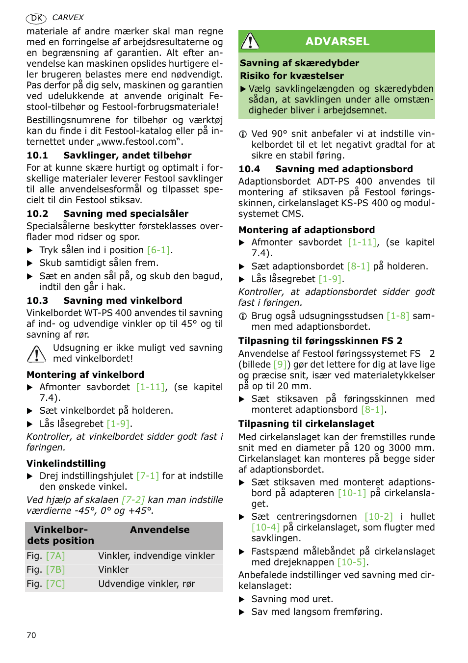 Advarsel | Festool PSB 400 EBQ CARVEX User Manual | Page 70 / 110