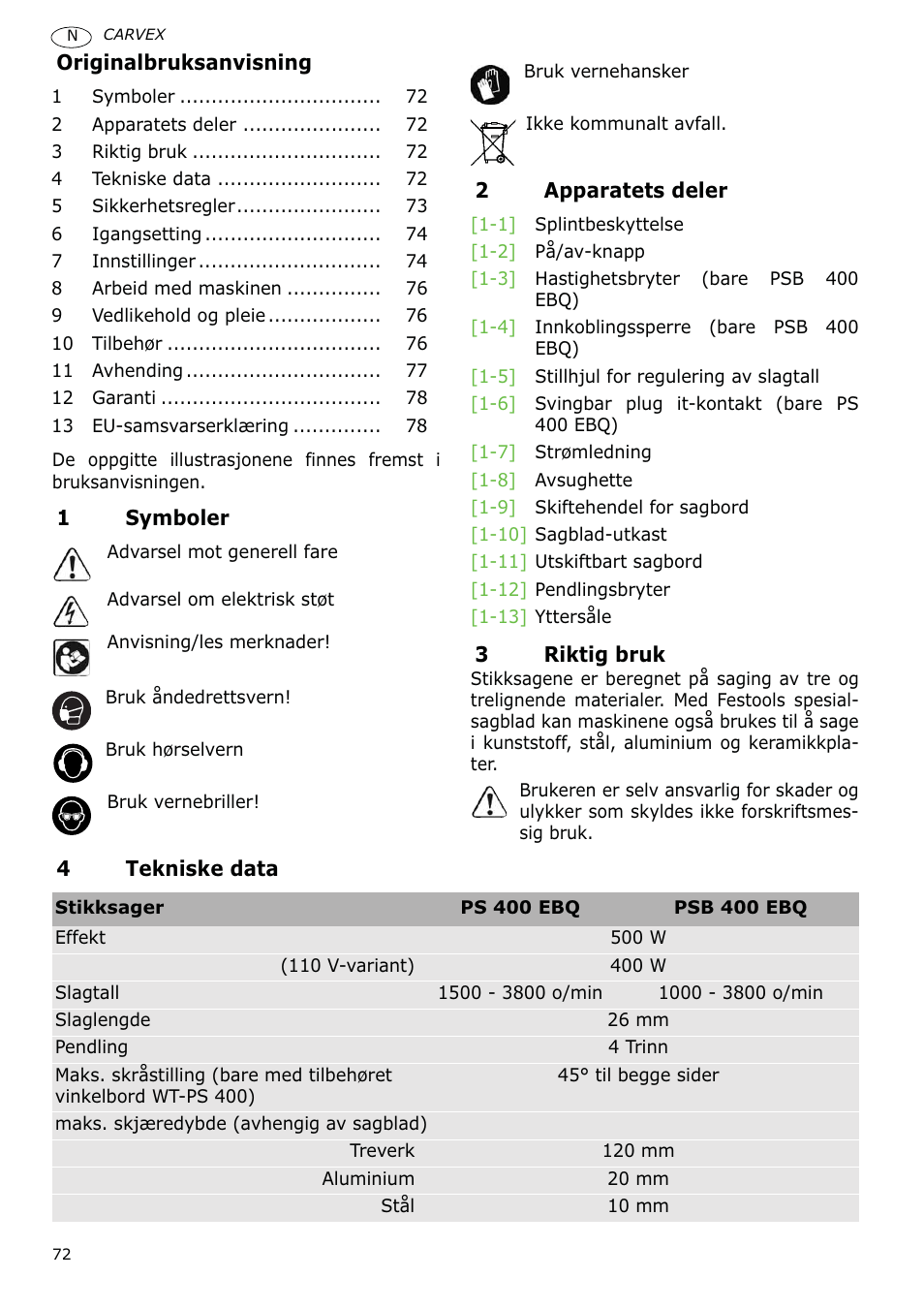 Festool PSB 400 EBQ CARVEX User Manual | Page 72 / 110