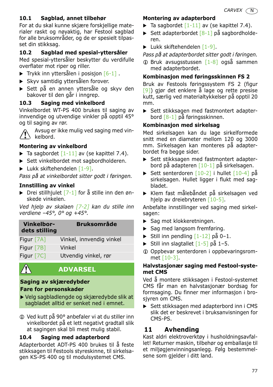 11 avhending, Advarsel | Festool PSB 400 EBQ CARVEX User Manual | Page 77 / 110