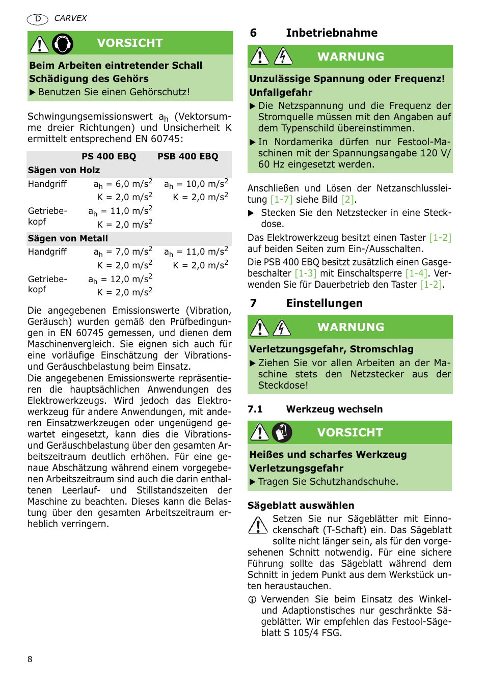 6inbetriebnahme, 7einstellungen, Vorsicht | Warnung | Festool PSB 400 EBQ CARVEX User Manual | Page 8 / 110