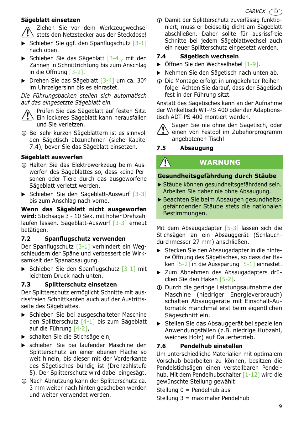 Warnung | Festool PSB 400 EBQ CARVEX User Manual | Page 9 / 110