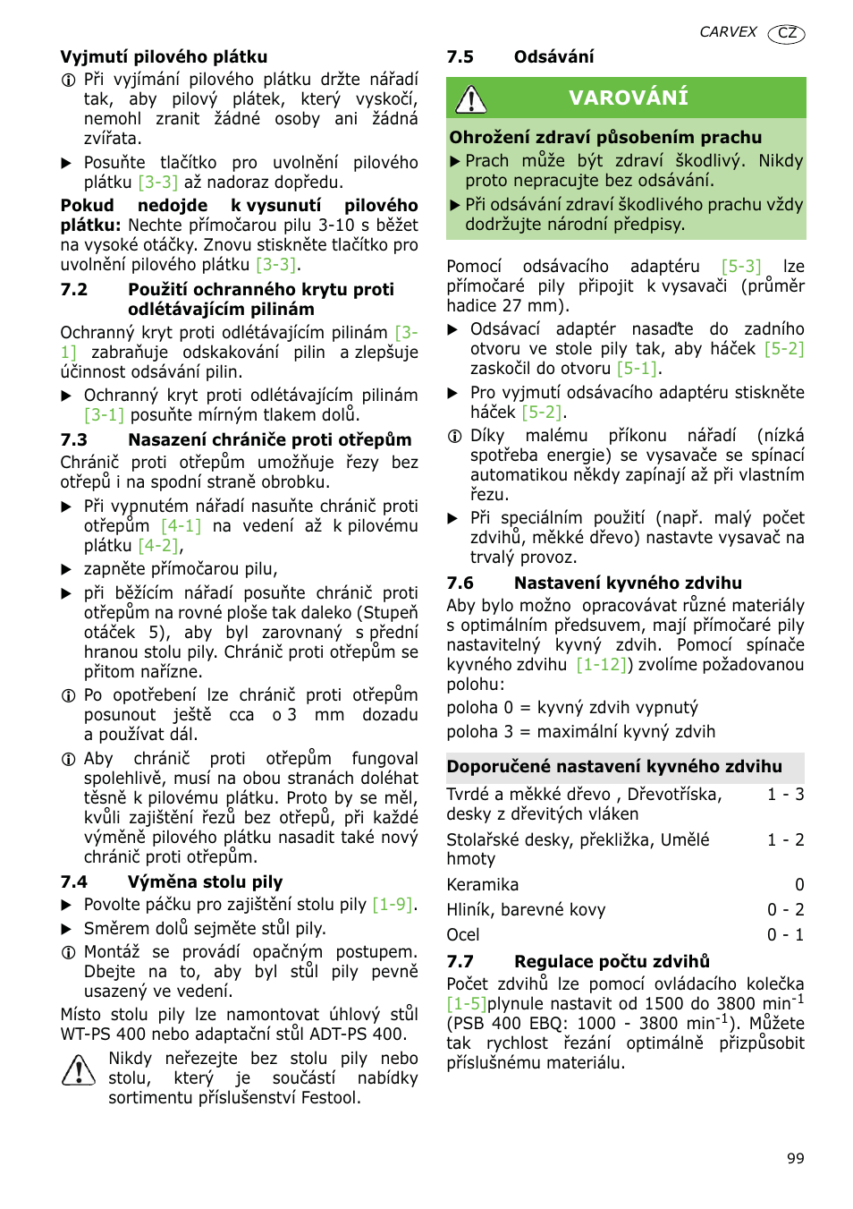 Varování | Festool PSB 400 EBQ CARVEX User Manual | Page 99 / 110