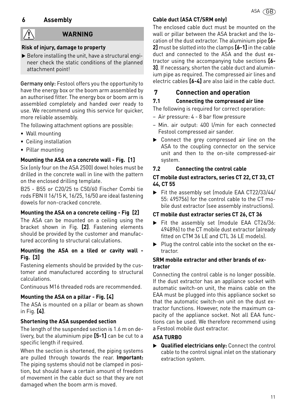 Assembly, Connection and operation | Festool ASA 6000 User Manual | Page 11 / 62