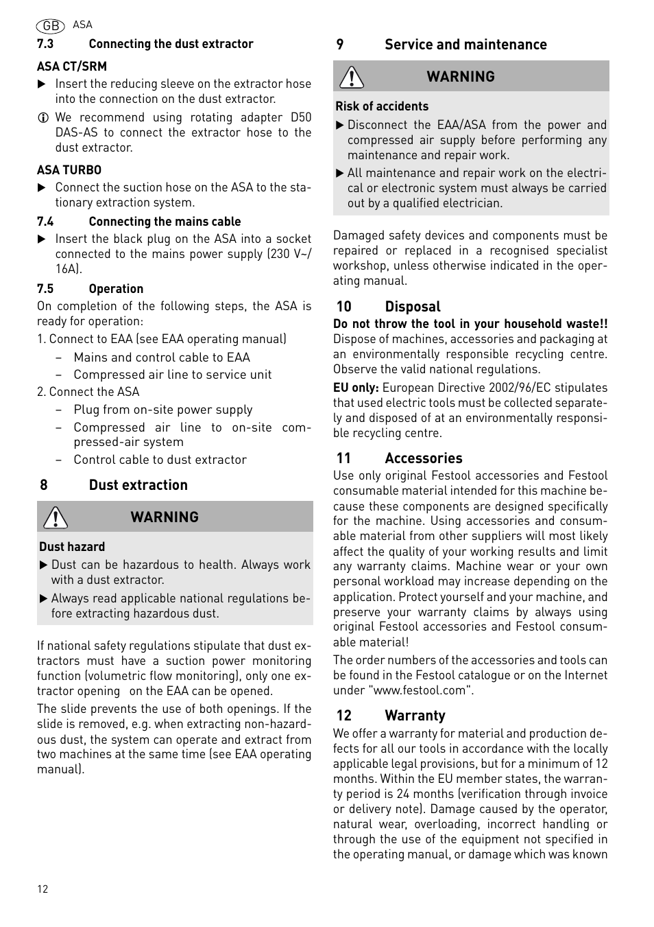Dust extraction, Service and maintenance, Disposal | Accessories, Warranty | Festool ASA 6000 User Manual | Page 12 / 62