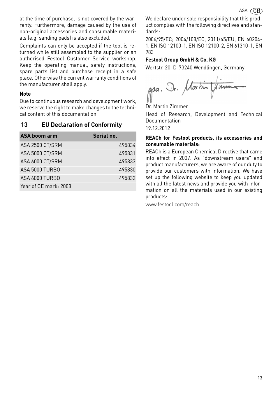 Eu declaration of conformity | Festool ASA 6000 User Manual | Page 13 / 62