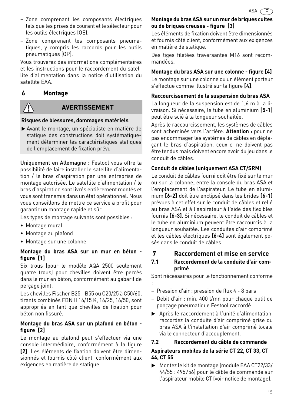 Montage, Raccordement et mise en service | Festool ASA 6000 User Manual | Page 15 / 62