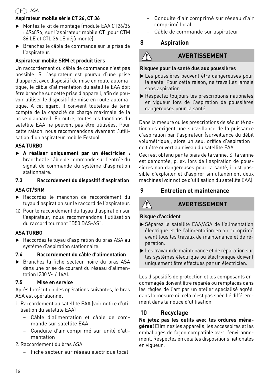 Aspiration, Entretien et maintenance, Recyclage | Festool ASA 6000 User Manual | Page 16 / 62