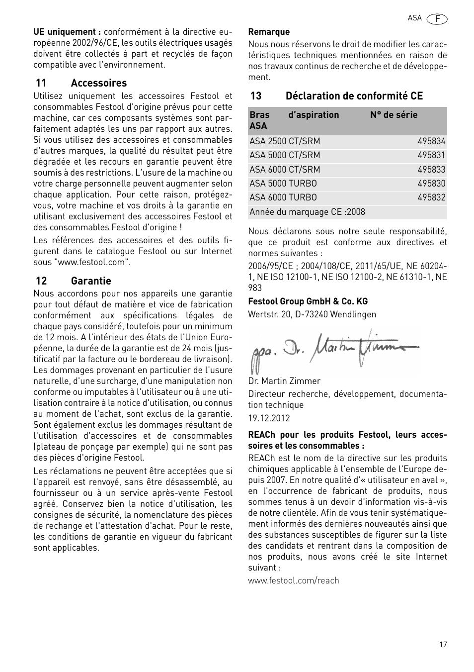Accessoires, Garantie, Déclaration de conformité ce | Festool ASA 6000 User Manual | Page 17 / 62