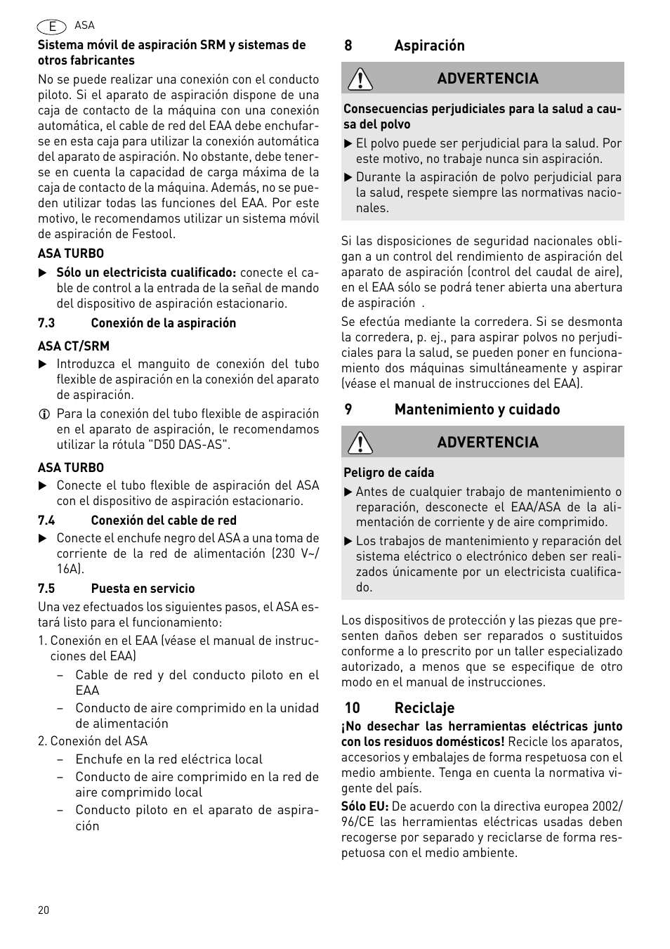 Aspiración, Mantenimiento y cuidado, Reciclaje | Festool ASA 6000 User Manual | Page 20 / 62