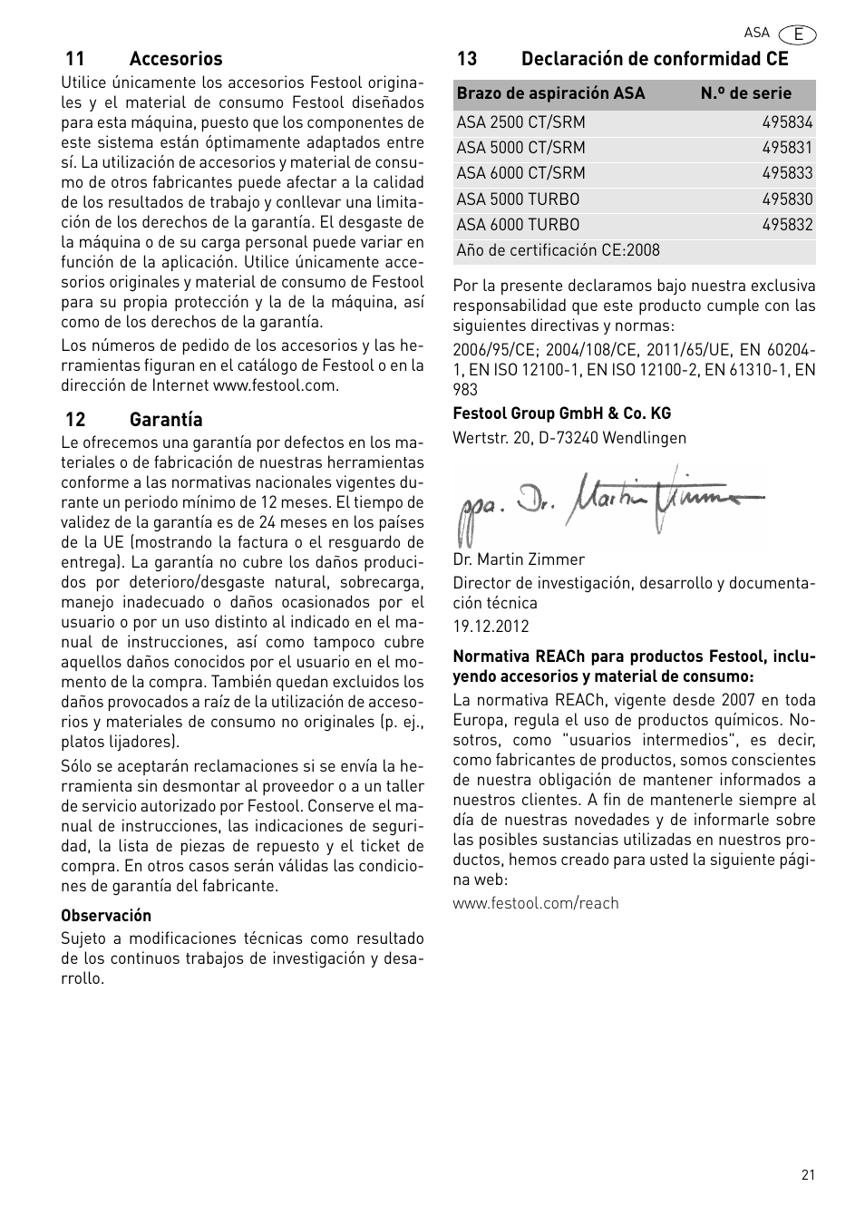 Accesorios, Garantía, Declaración de conformidad ce | Festool ASA 6000 User Manual | Page 21 / 62