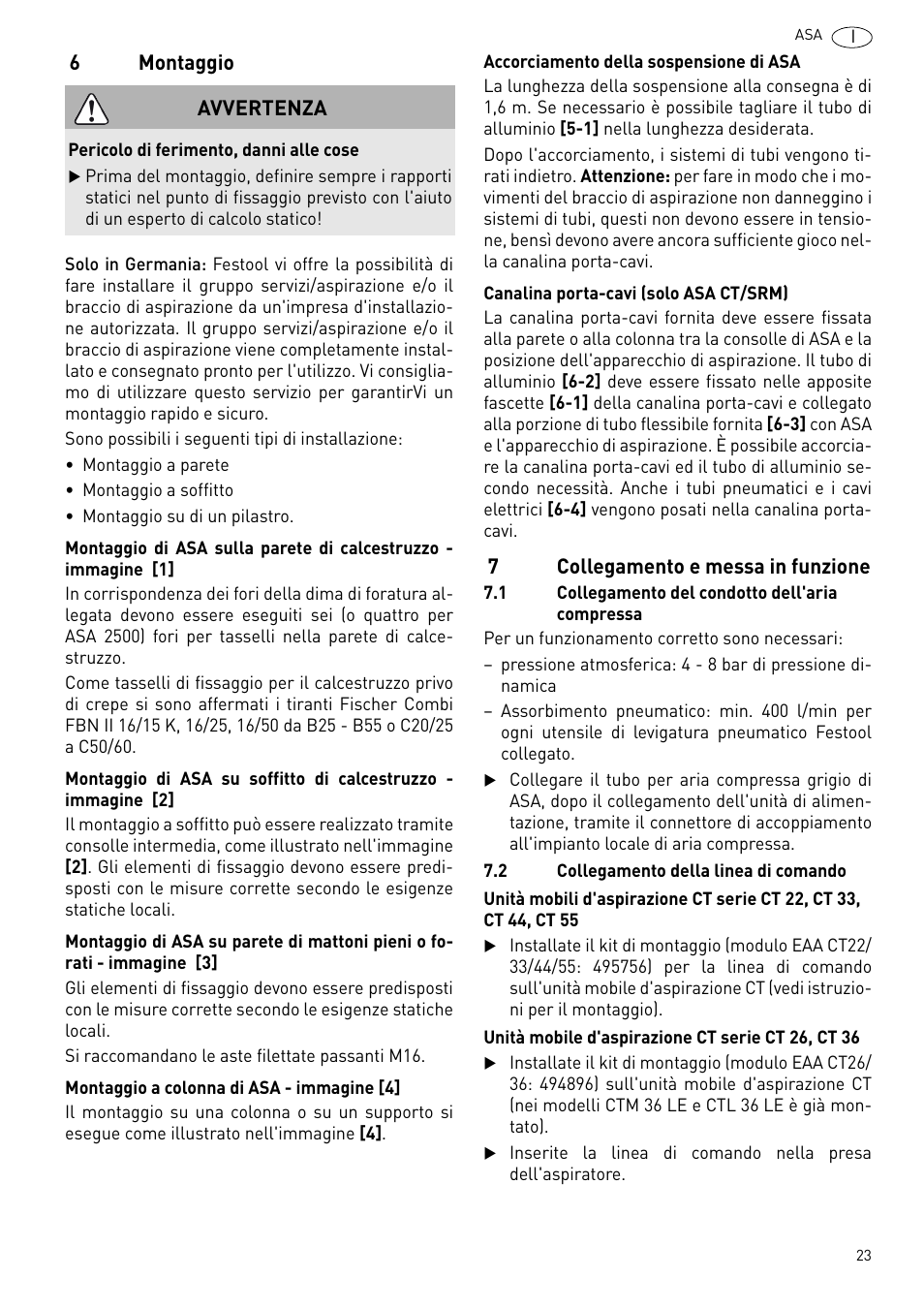 Montaggio, Collegamento e messa in funzione | Festool ASA 6000 User Manual | Page 23 / 62