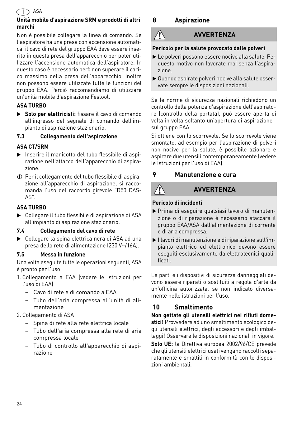 Aspirazione, Manutenzione e cura, Smaltimento | Festool ASA 6000 User Manual | Page 24 / 62