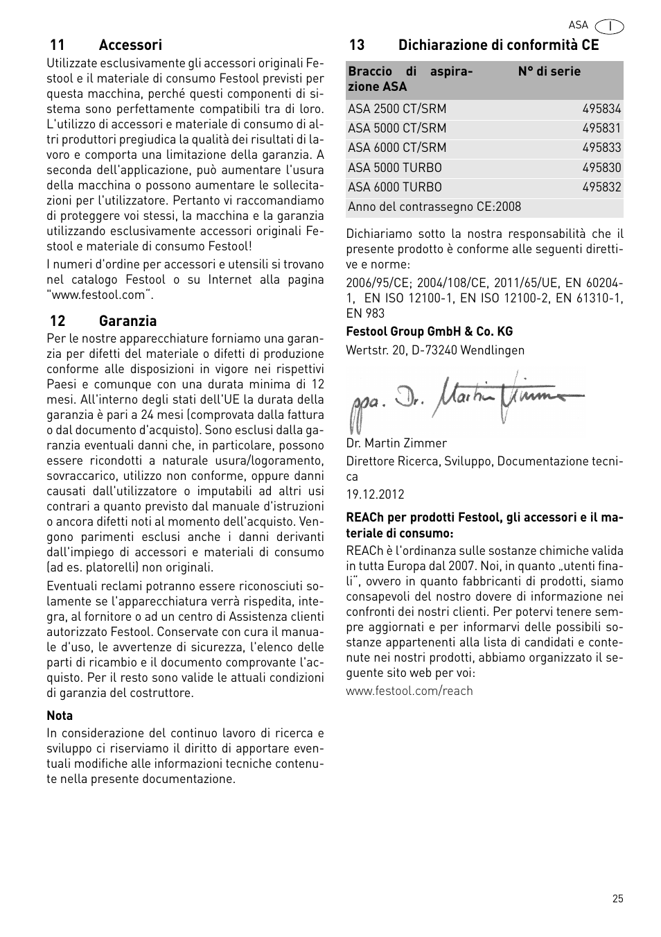 Accessori, Garanzia, Dichiarazione di conformità ce | Festool ASA 6000 User Manual | Page 25 / 62