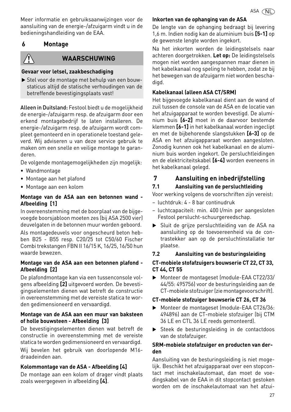 Montage, Aansluiting en inbedrijfstelling | Festool ASA 6000 User Manual | Page 27 / 62