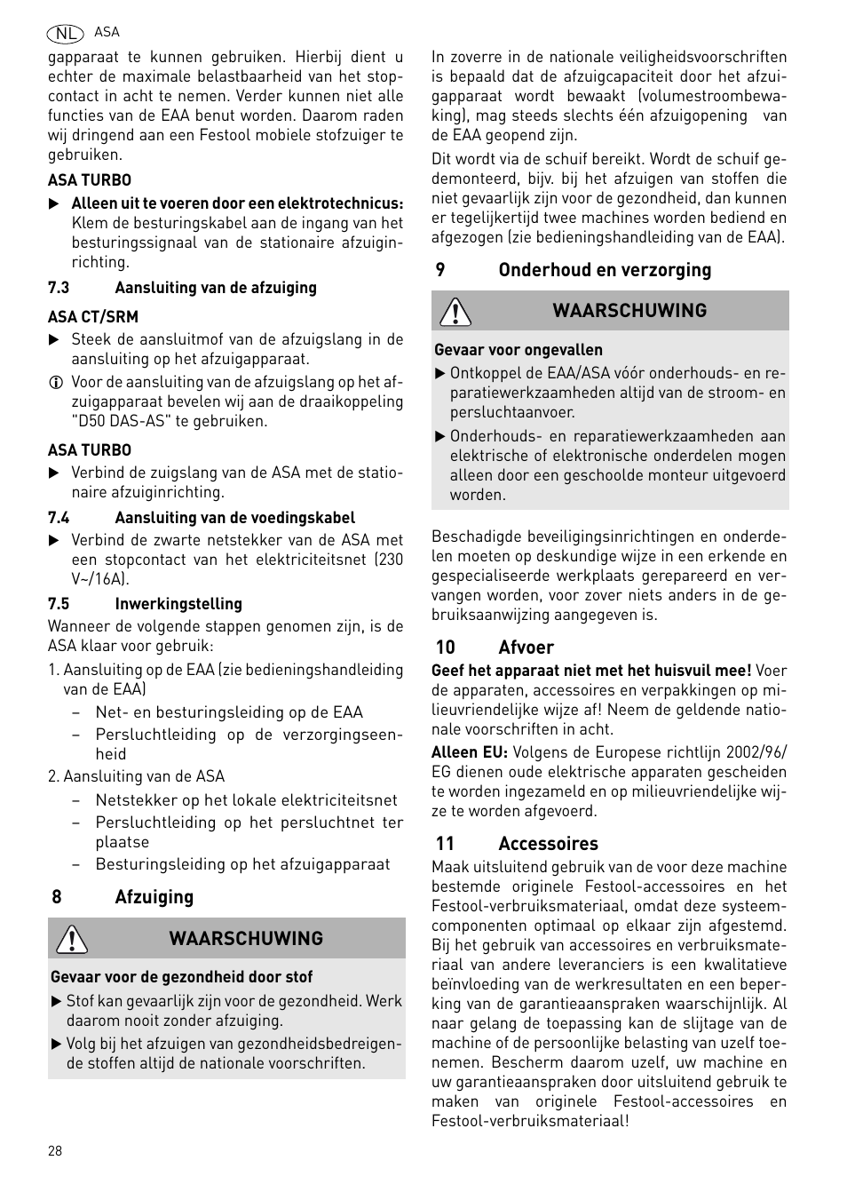 Afzuiging, Onderhoud en verzorging, Afvoer | Accessoires | Festool ASA 6000 User Manual | Page 28 / 62