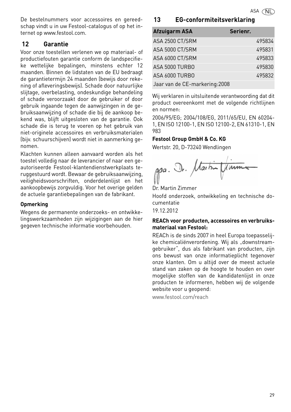 Garantie, Eg-conformiteitsverklaring | Festool ASA 6000 User Manual | Page 29 / 62