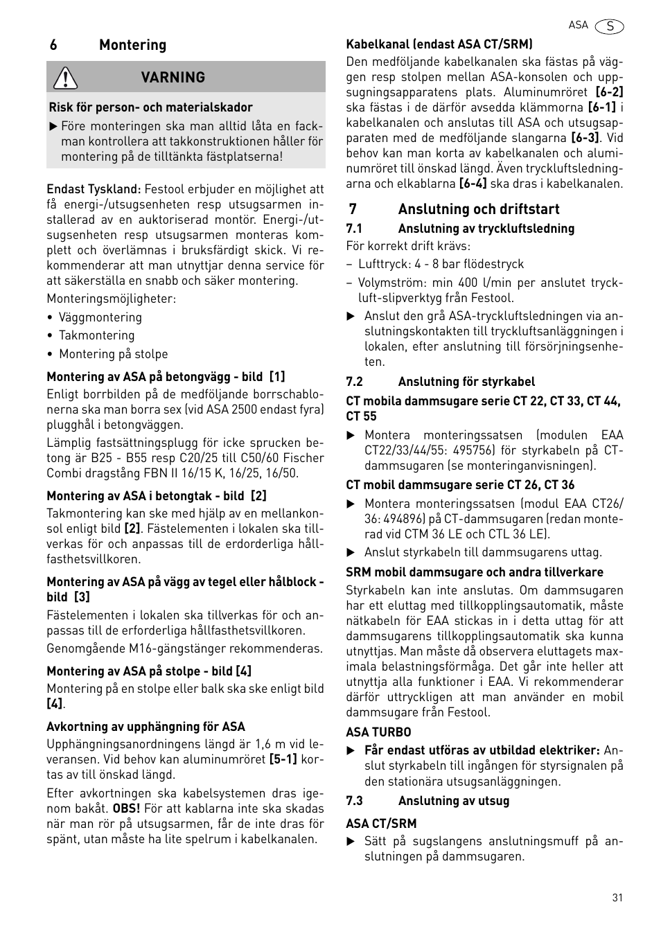 Montering, Anslutning och driftstart | Festool ASA 6000 User Manual | Page 31 / 62