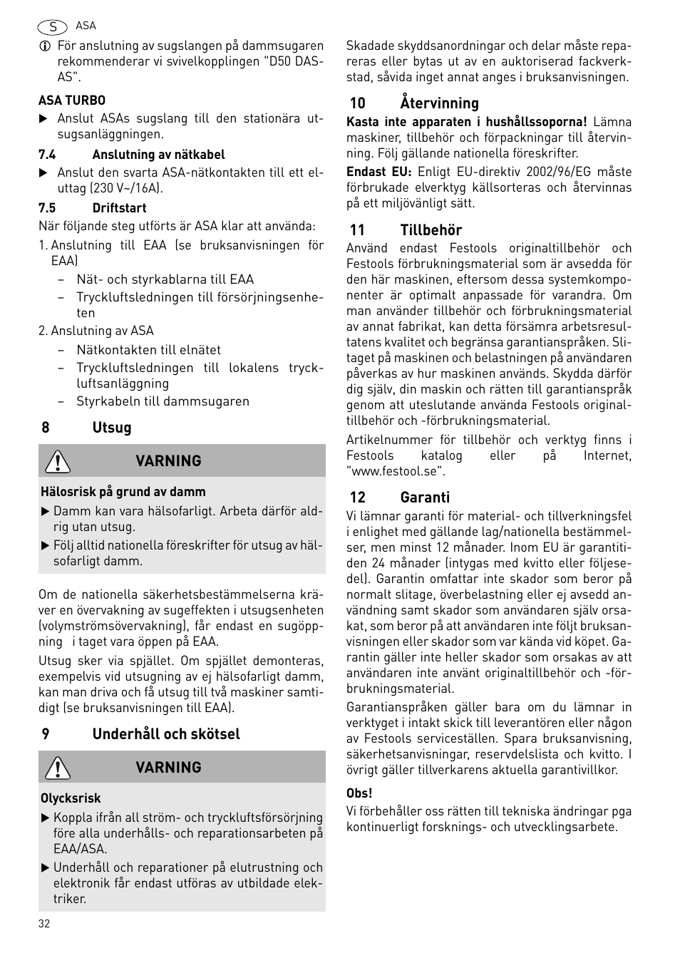 Utsug, Underhåll och skötsel, Återvinning | Tillbehör, Garanti | Festool ASA 6000 User Manual | Page 32 / 62