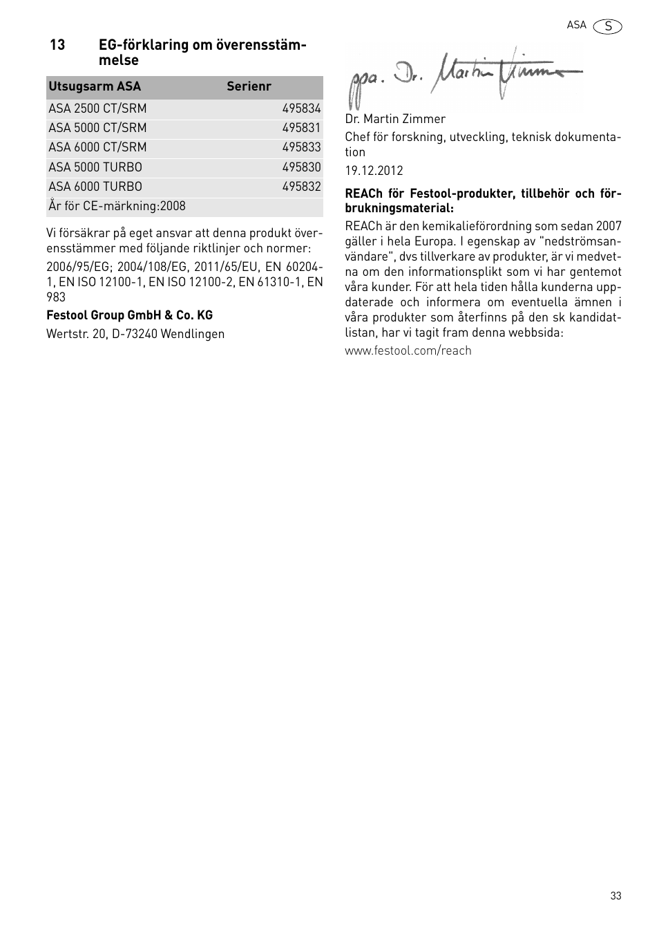 Eg-förklaring om överensstämmelse . 33 | Festool ASA 6000 User Manual | Page 33 / 62