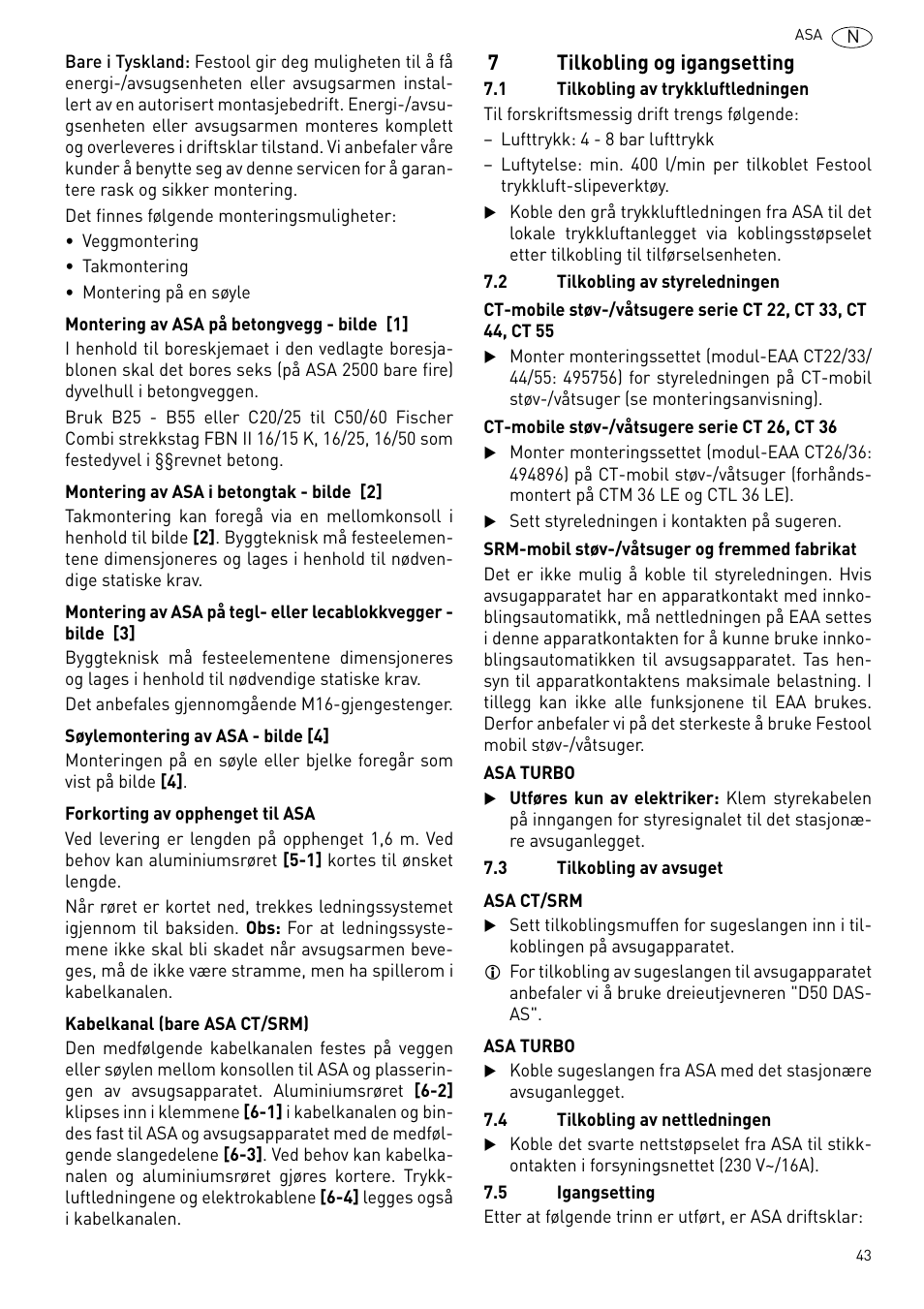 Tilkobling og igangsetting, 7tilkobling og igangsetting | Festool ASA 6000 User Manual | Page 43 / 62