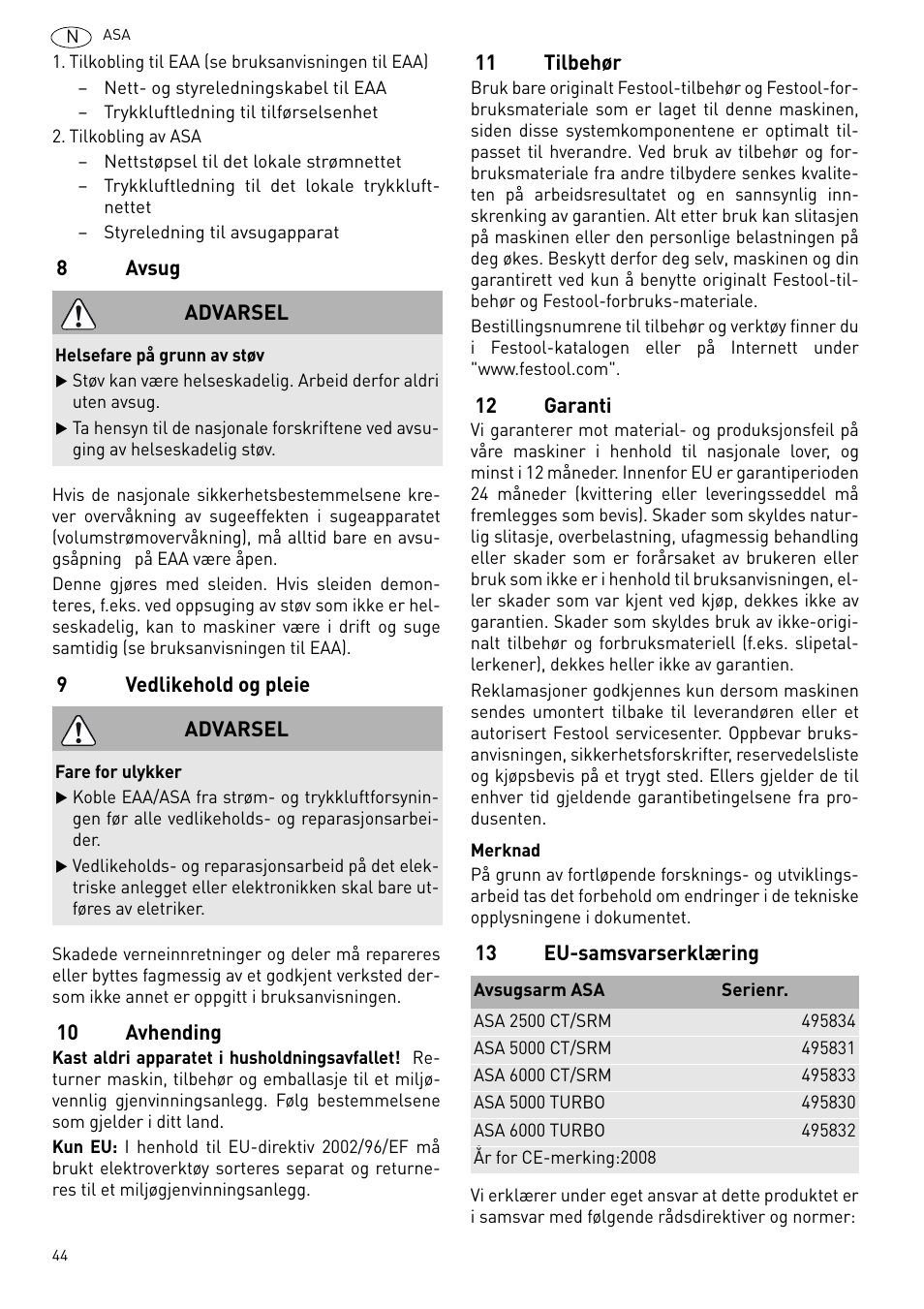 Avsug, Vedlikehold og pleie, Avhending | Tilbehør, Garanti, Eu-samsvarserklæring | Festool ASA 6000 User Manual | Page 44 / 62