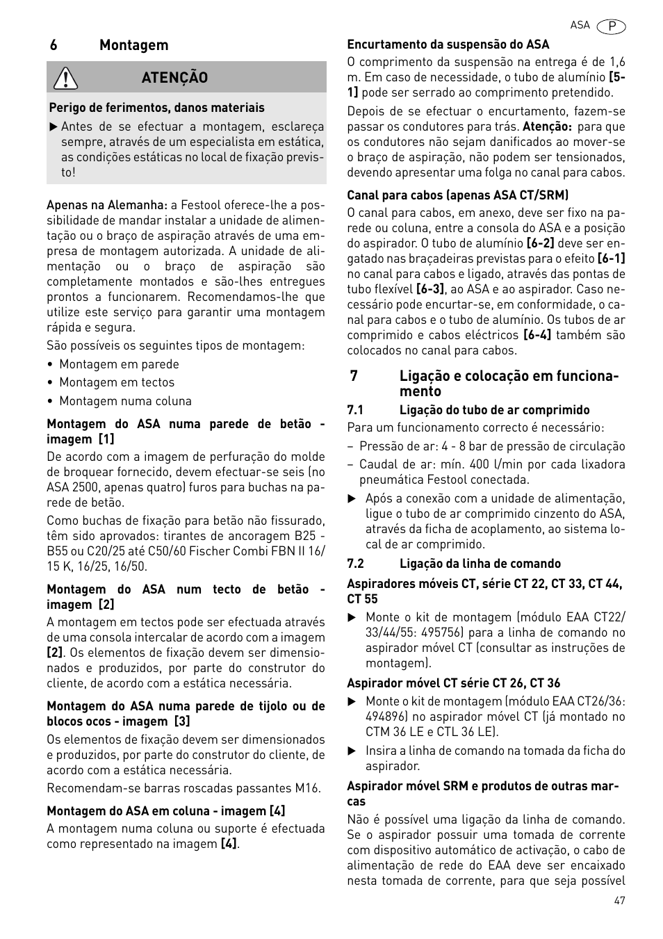 Montagem, Ligação e colocação em funcionamento 47 | Festool ASA 6000 User Manual | Page 47 / 62