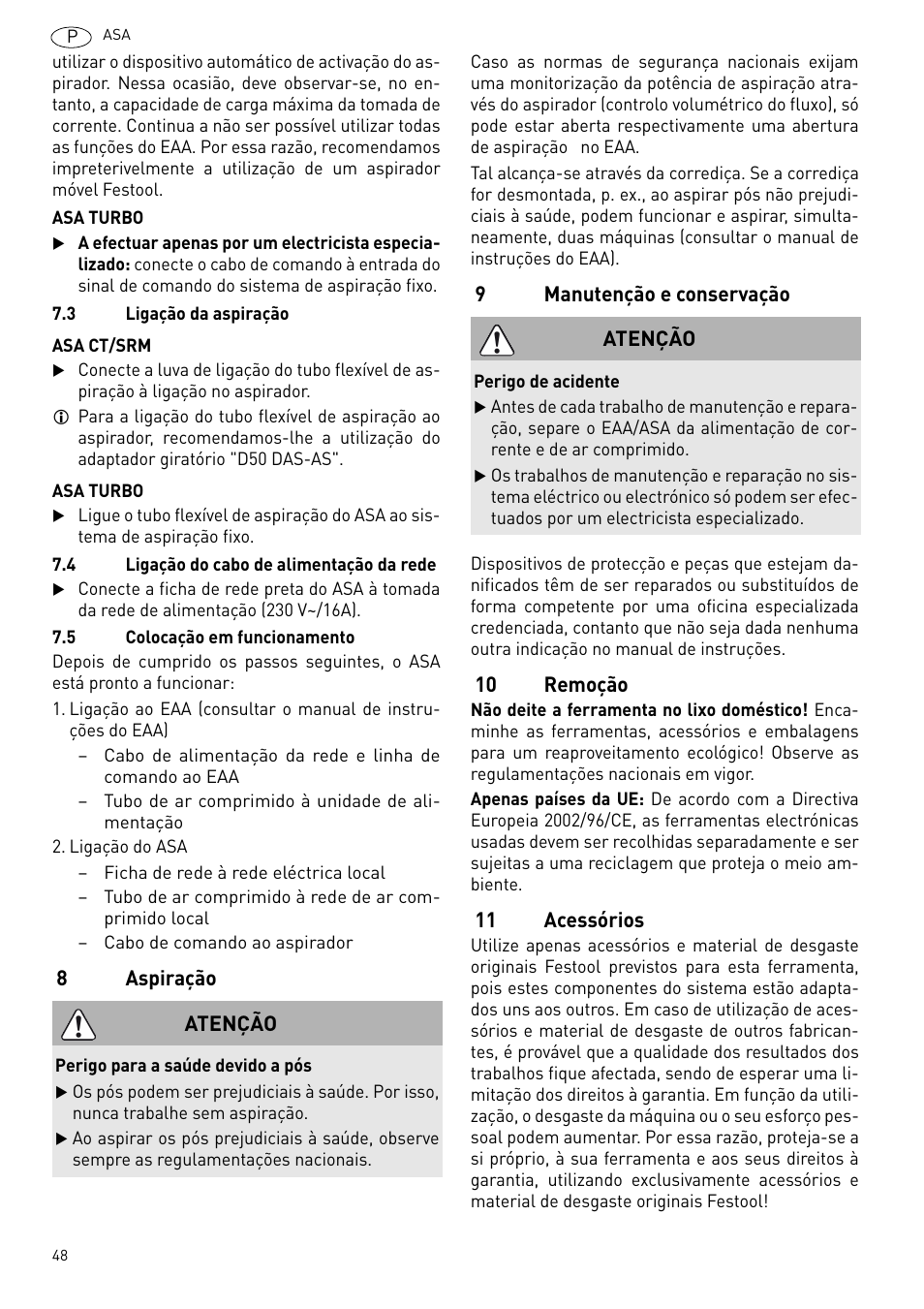 Aspiração, Manutenção e conservação, Remoção | Acessórios | Festool ASA 6000 User Manual | Page 48 / 62