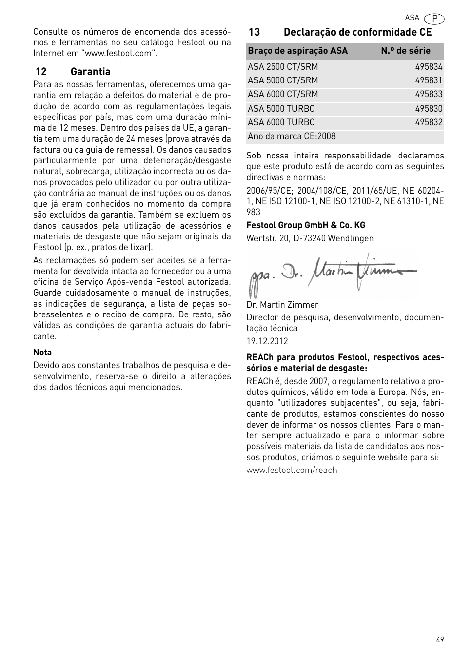 Garantia, Declaração de conformidade ce | Festool ASA 6000 User Manual | Page 49 / 62