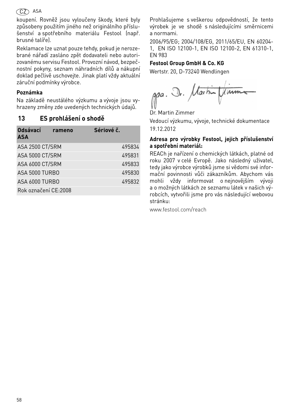 Es prohlášení o shodě | Festool ASA 6000 User Manual | Page 58 / 62