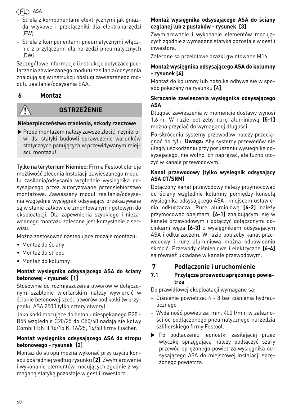 Montaż, Podłączenie i uruchomienie | Festool ASA 6000 User Manual | Page 60 / 62