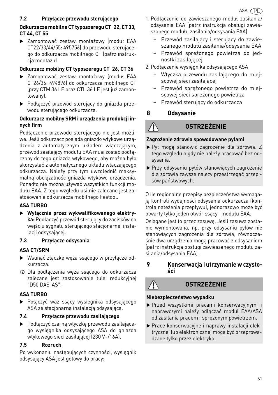 Odsysanie, Konserwacja i utrzymanie w czystości 61 | Festool ASA 6000 User Manual | Page 61 / 62