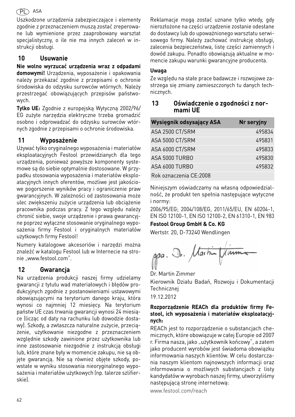 Usuwanie, Wyposażenie, Gwarancja | Oświadczenie o zgodności z normami ue | Festool ASA 6000 User Manual | Page 62 / 62