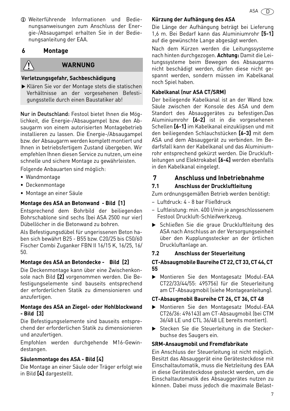 Montage, Anschluss und inbetriebnahme | Festool ASA 6000 User Manual | Page 7 / 62
