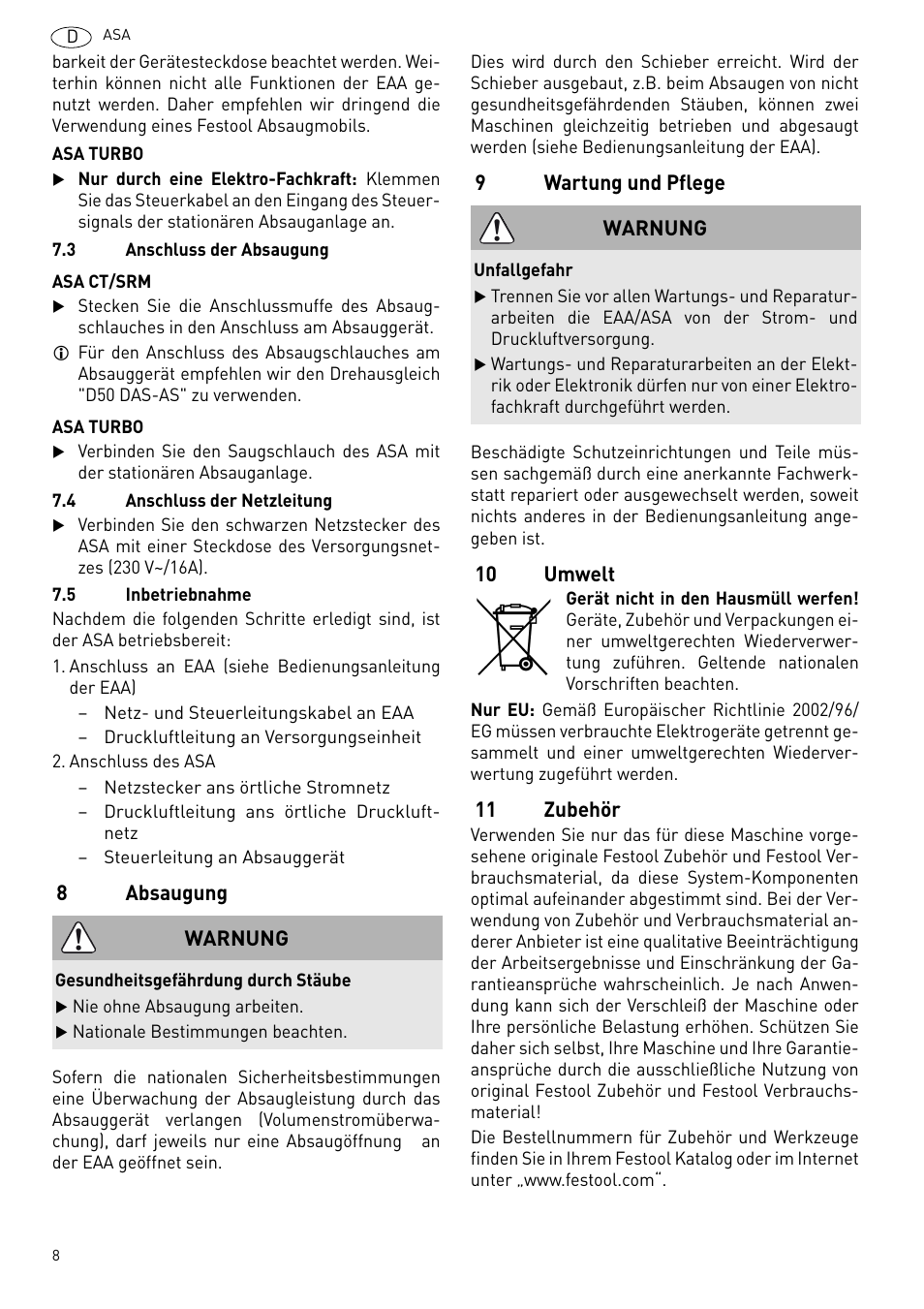 Absaugung, Wartung und pflege, Umwelt | Zubehör | Festool ASA 6000 User Manual | Page 8 / 62