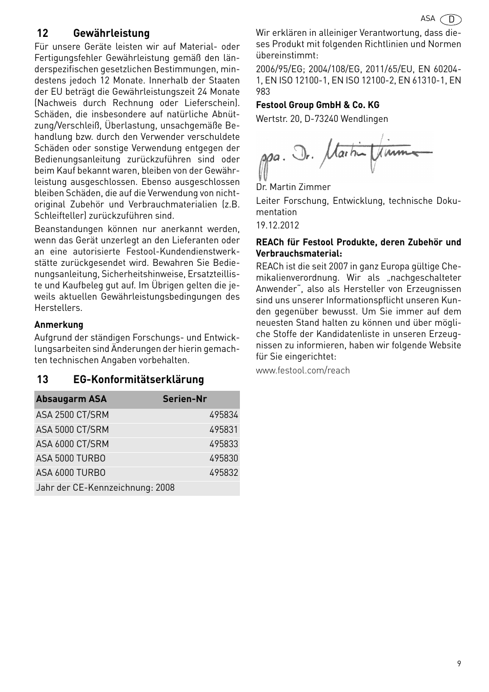 Gewährleistung, Eg-konformitätserklärung | Festool ASA 6000 User Manual | Page 9 / 62