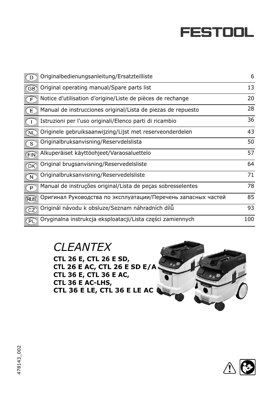 Festool CTL 36 E-LE-AC CLEANTEX User Manual | 110 pages