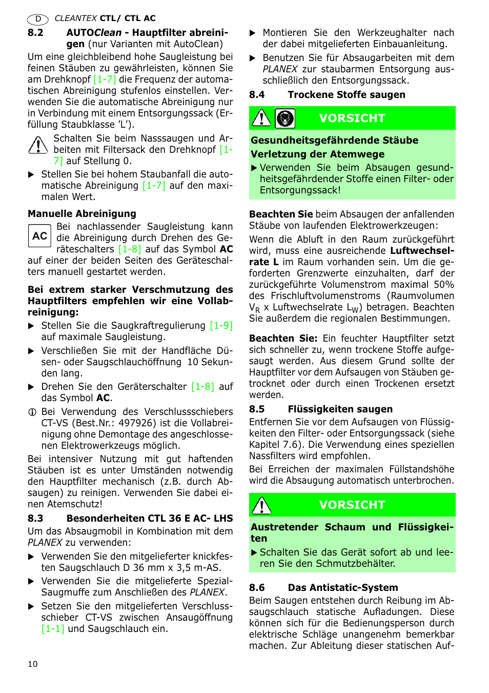 Vorsicht | Festool CTL 36 E-LE-AC CLEANTEX User Manual | Page 10 / 110