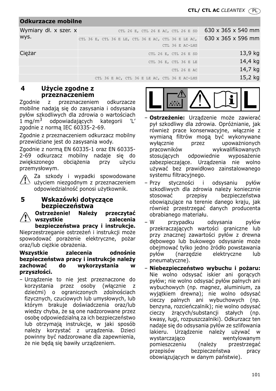 4uīycie zgodne z przeznaczeniem, 5wskazówki dotyczące bezpieczeĕstwa | Festool CTL 36 E-LE-AC CLEANTEX User Manual | Page 101 / 110