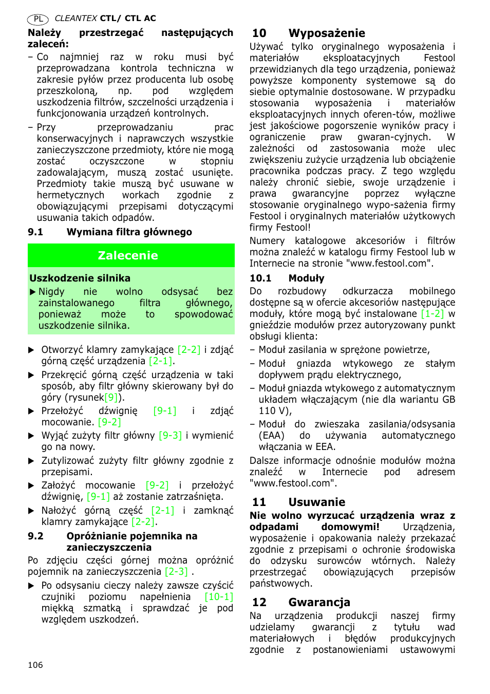 Festool CTL 36 E-LE-AC CLEANTEX User Manual | Page 106 / 110