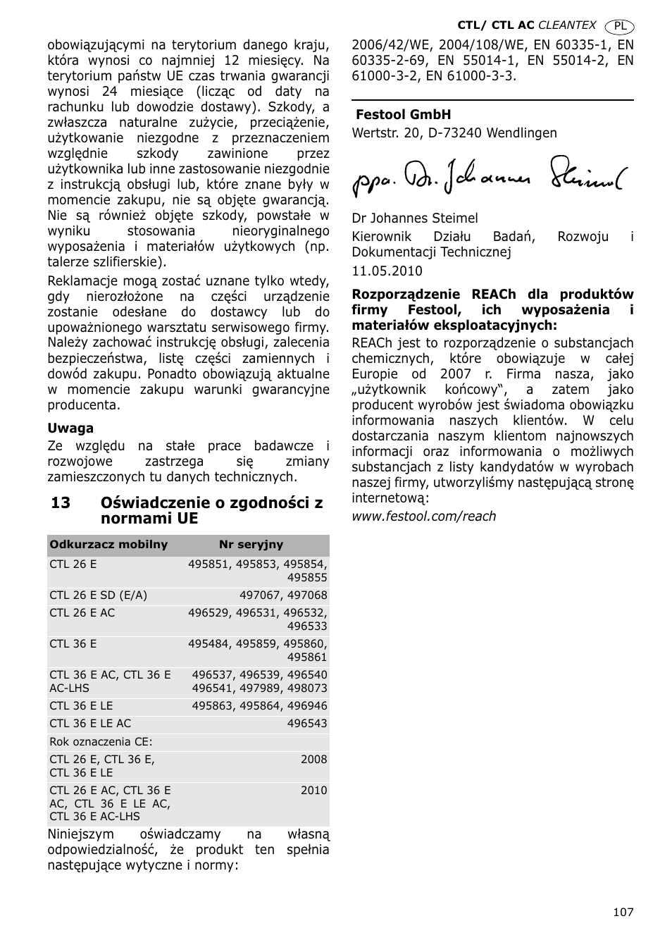 13 oğwiadczenie o zgodnoğci z normami ue | Festool CTL 36 E-LE-AC CLEANTEX User Manual | Page 107 / 110