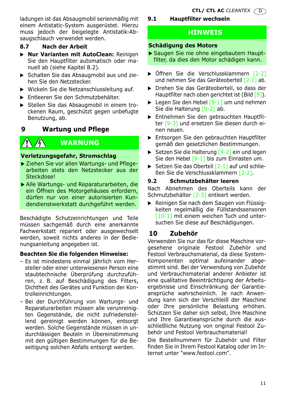 9wartung und pflege, 10 zubehör, Warnung | Hinweis | Festool CTL 36 E-LE-AC CLEANTEX User Manual | Page 11 / 110