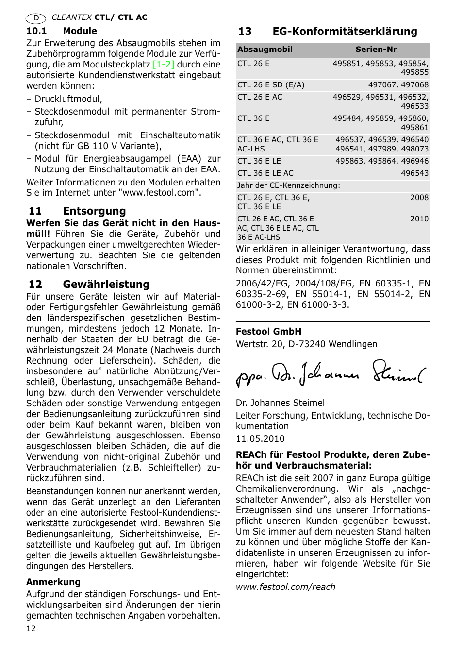 11 entsorgung, 12 gewährleistung, 13 eg-konformitätserklärung | Festool CTL 36 E-LE-AC CLEANTEX User Manual | Page 12 / 110