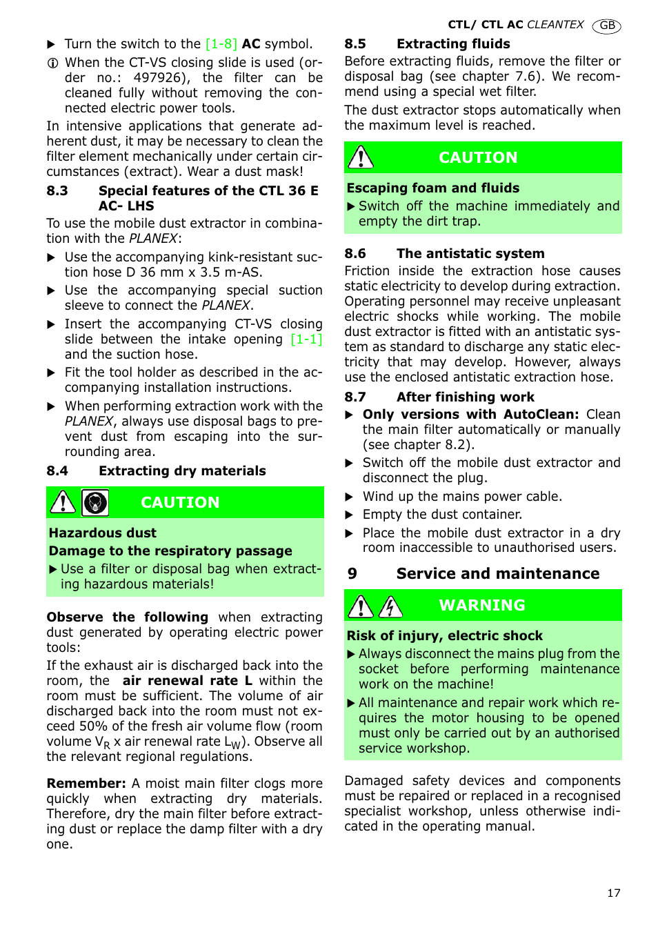 9service and maintenance, Caution, Warning | Festool CTL 36 E-LE-AC CLEANTEX User Manual | Page 17 / 110