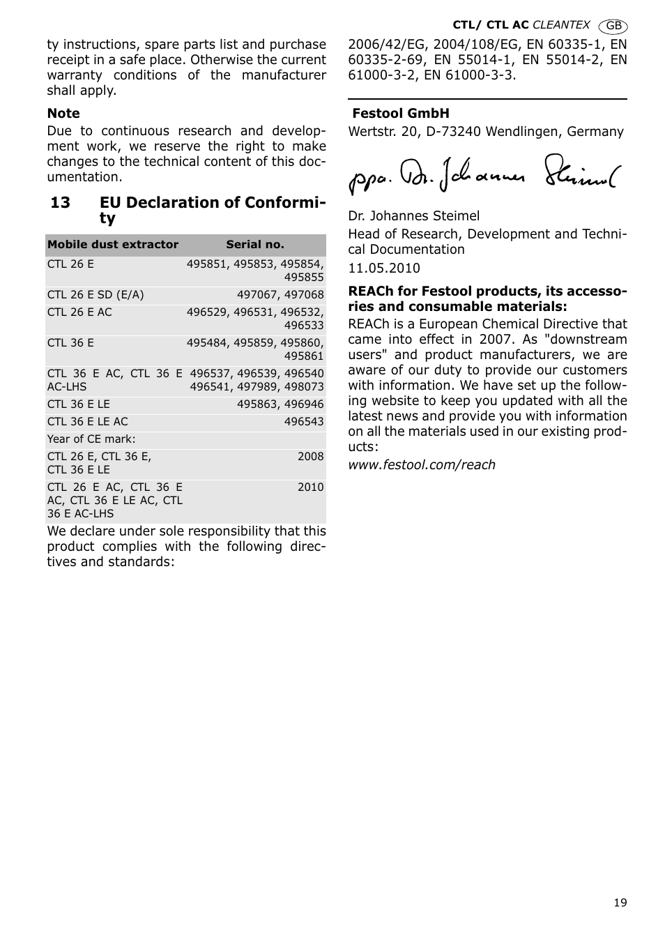 13 eu declaration of conformi- ty | Festool CTL 36 E-LE-AC CLEANTEX User Manual | Page 19 / 110