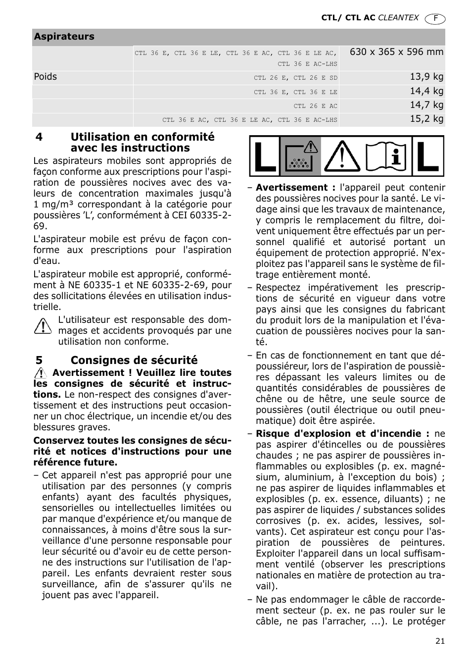 4utilisation en conformité avec les instructions, 5consignes de sécurité | Festool CTL 36 E-LE-AC CLEANTEX User Manual | Page 21 / 110