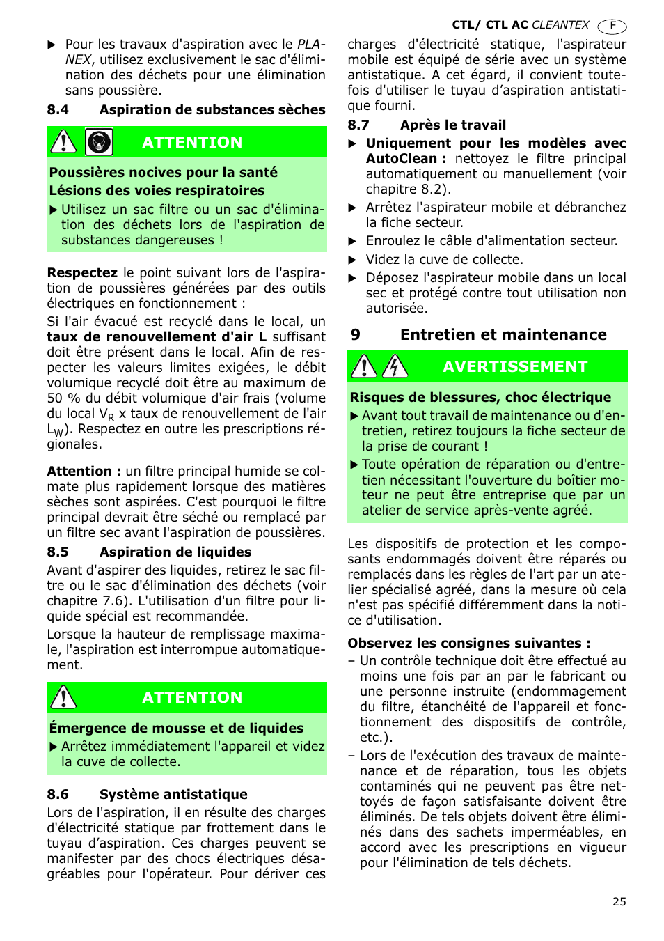 9entretien et maintenance, Attention, Avertissement | Festool CTL 36 E-LE-AC CLEANTEX User Manual | Page 25 / 110